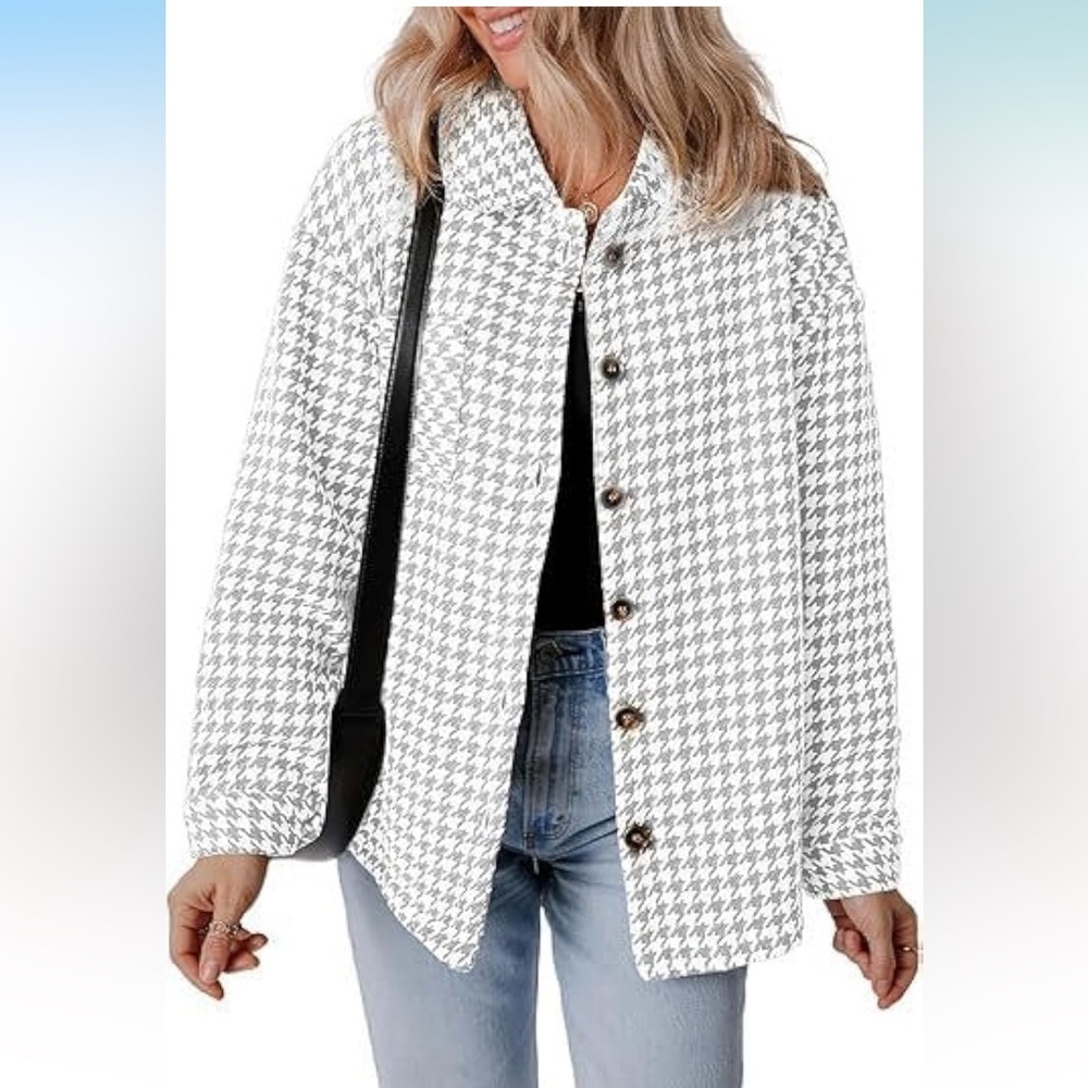 Women’s Lapel Collar Gray Houndstooth Jacket Button Coat Size M